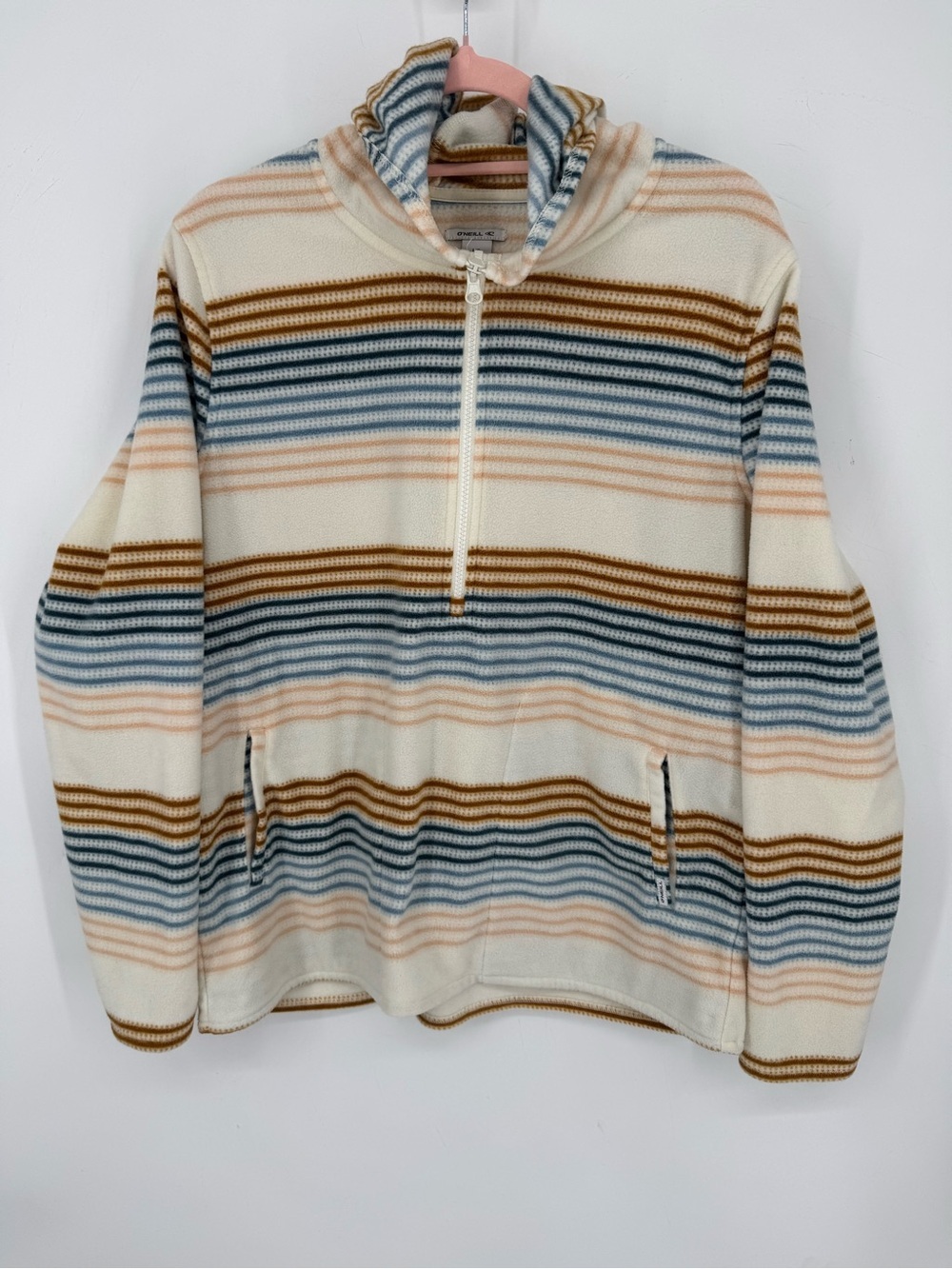 O’Neill Women's Striped Fleece Pullover Quarter Zip Cozy Coastal Boho Size Large